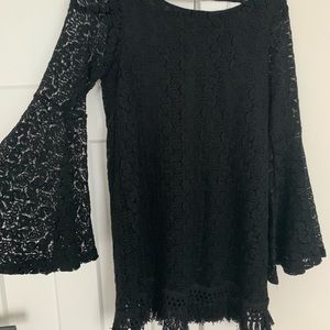 Bell-Sleeved Black Lace Mini Dress